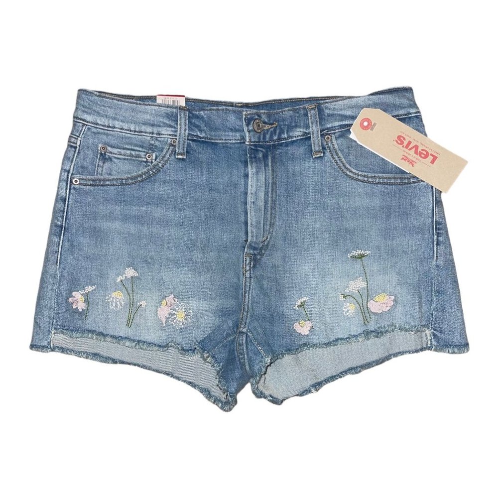 NWT Levis Womens High Rise Shorts 31 Light Wash Distressed Embroidered Flowers